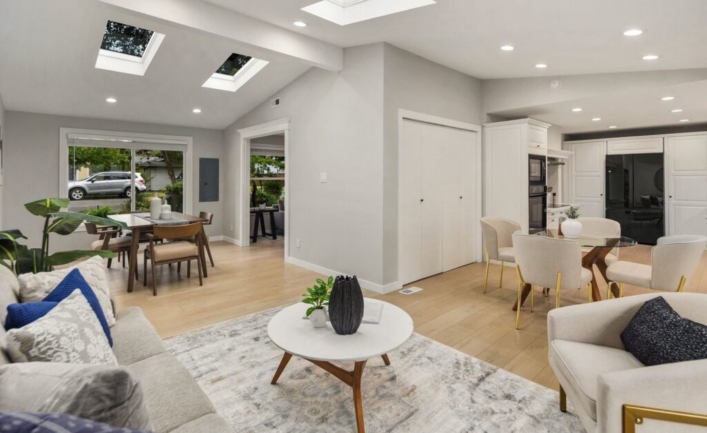 Dining area with a wood table, upholstered chairs and garden windows