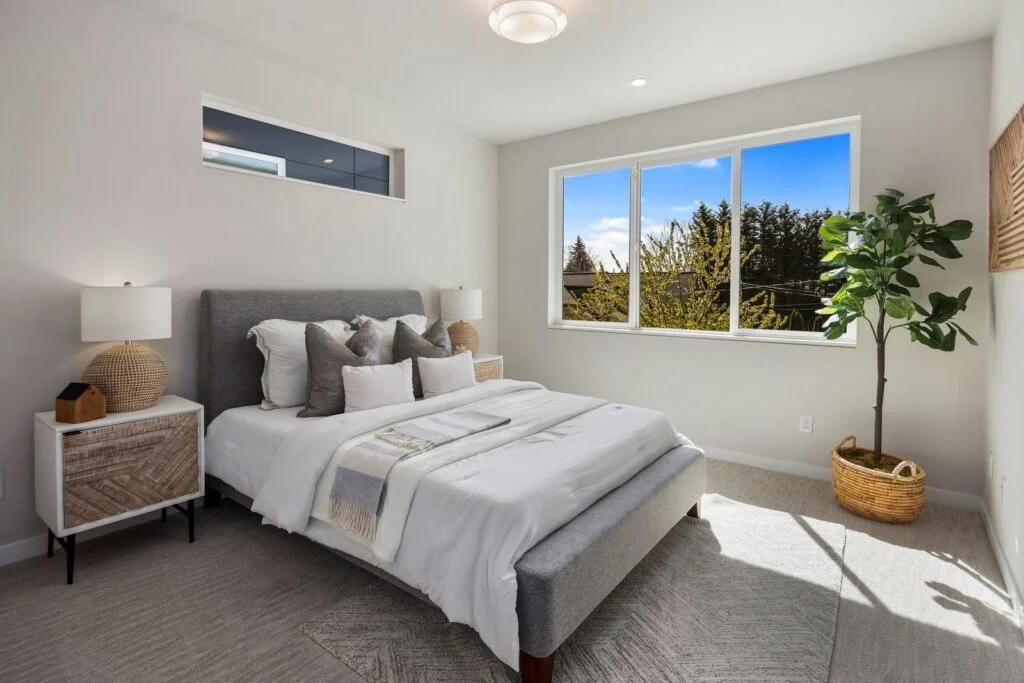Staged primary bedroom in Kirkland by IntExt Staging